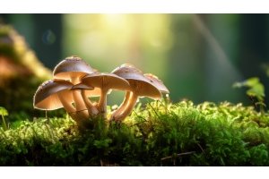 Cluster of mushrooms in a moss-covered forest, gently lit by sunlight — symbolizing the natural power of mycotherapy.