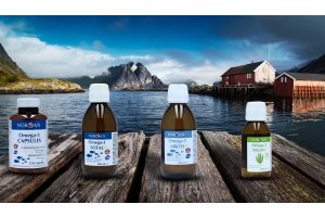 Norsan Omega-3 supplements – capsules and liquid oils (Total, Arktis, Vegan) with a scenic Norwegian fjord backdrop. Product photo for Meditech Europe.