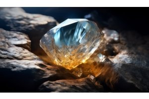 Blue and golden topaz crystal on raw stone – gemstone with spiritual and energetic properties.