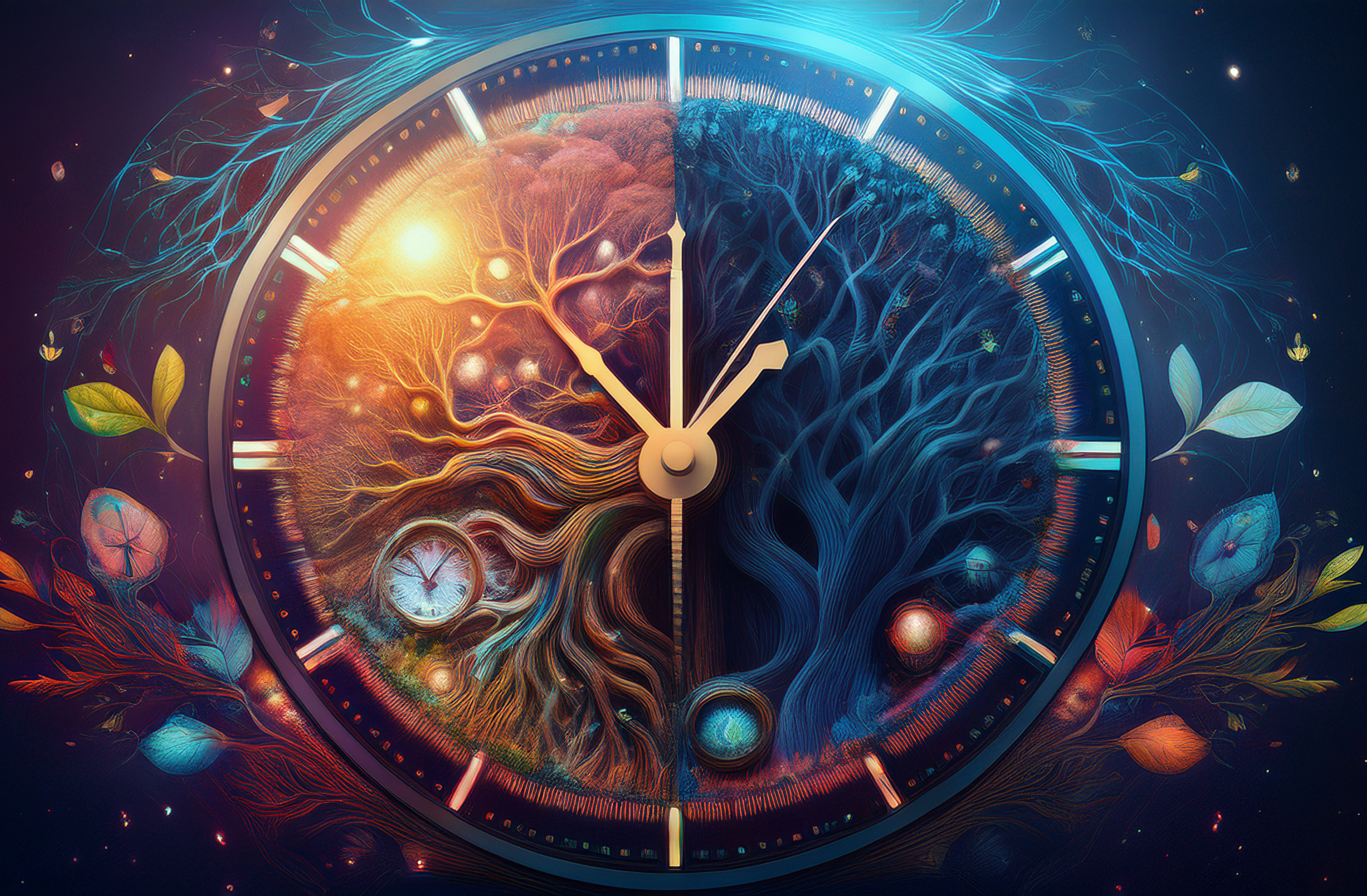 Illustration of the circadian rhythm with day–night cycle, biological clock and the influence of light