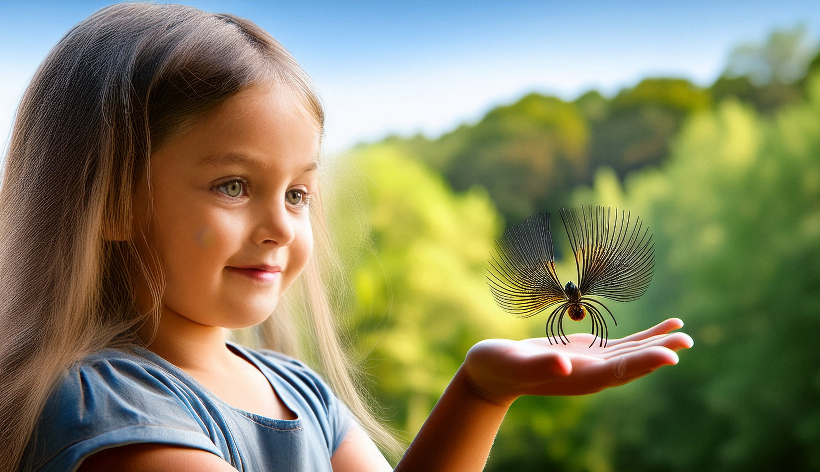 Young girl looks in wonder at an insect on her hand – a symbol of curiosity and freedom instead of fear.