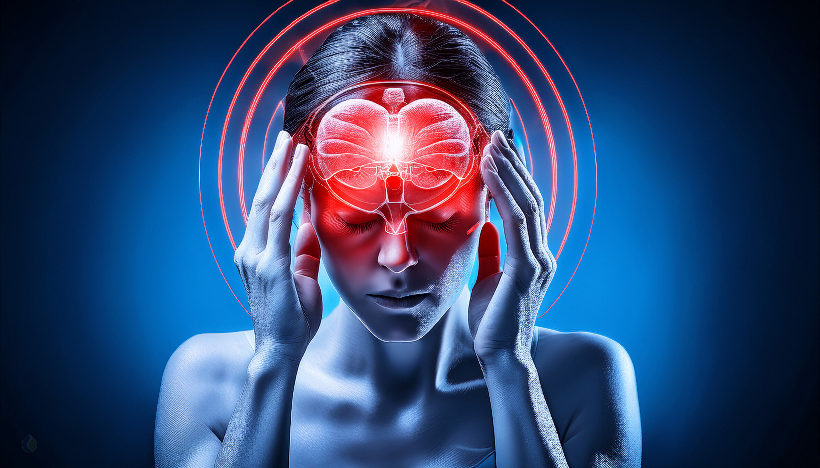 Woman with migraine holding head, red light highlighting brain pain.