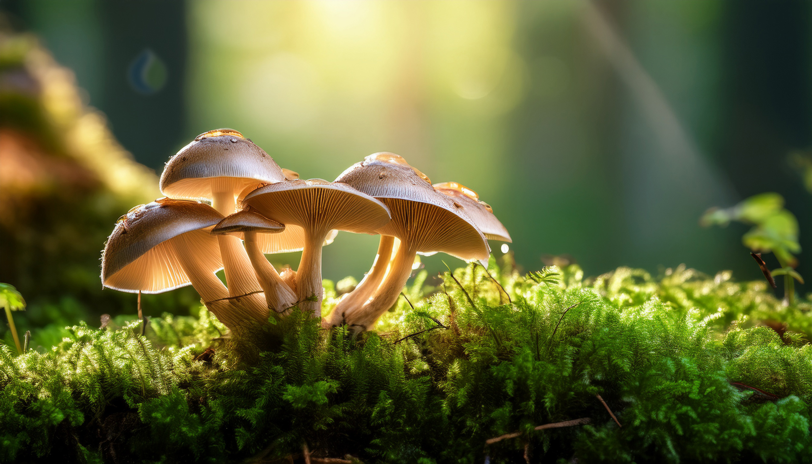 Cluster of mushrooms in a moss-covered forest, gently lit by sunlight — symbolizing the natural power of mycotherapy.