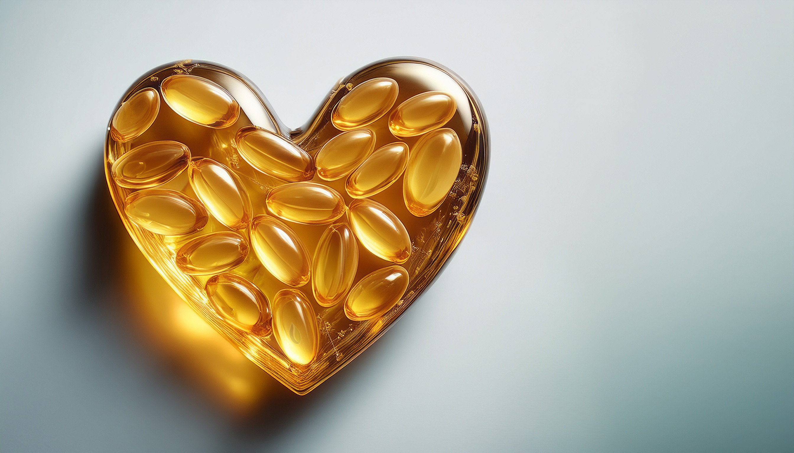 Heart shape filled with omega 3 capsules, symbolising support for heart health.