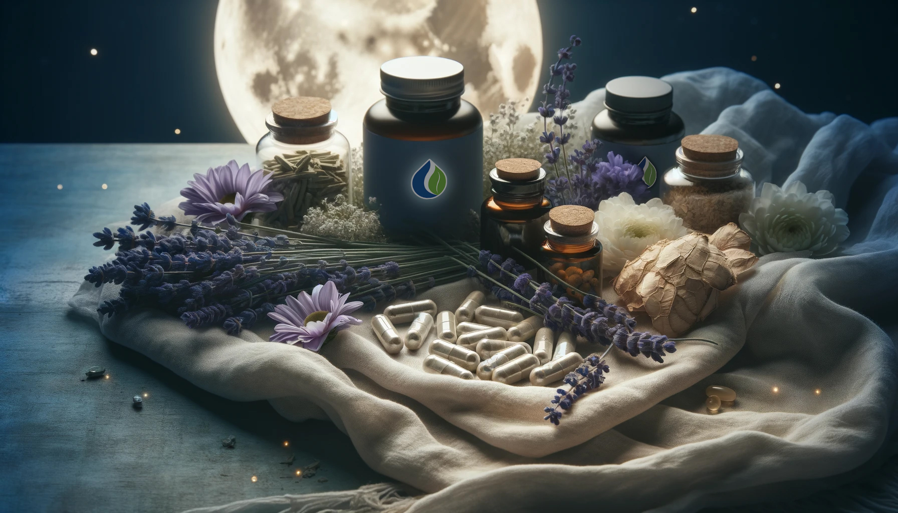 supplements for better sleep on table with moon in background